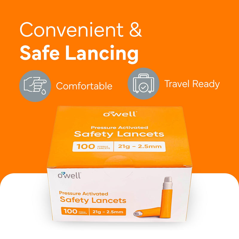 OWELL¬Æ Safety Lancets 21G x 2.5mm ‚Äì 100 Count | Extra Blood Flow for Thick Skin | Sterile, Preloaded, Medical-Grade, Pressure Activated for Diabetic Glucose Testing 21 Gauge x 2.5mm