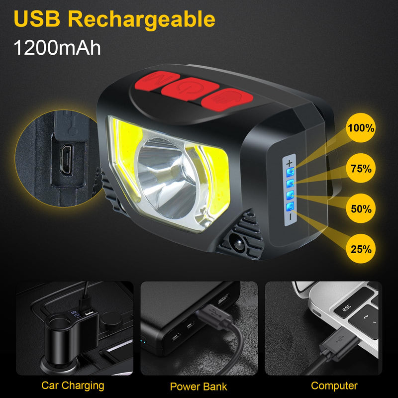 LED Headlamp Rechargeable, 4 Pack Head Lamp Flashlight Headlight Light with Motion Sensor for Outdoor Camping Biking Running Fishing