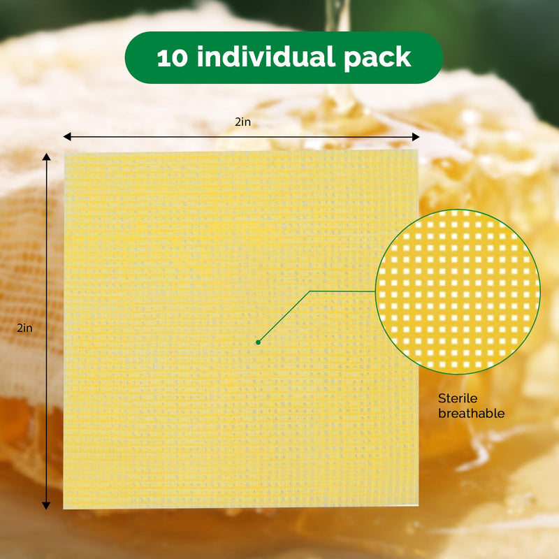 Greetmed Honey Gauze Dressing 2'' x 2'' Sterile Honey Wound Dressing, Medical Grade Manuka Honey Patches for Faster Wound Care | Burns | Traumatic Wounds and Laceration (Individually Pack of 10) 2“ x 2”(10 Packs)