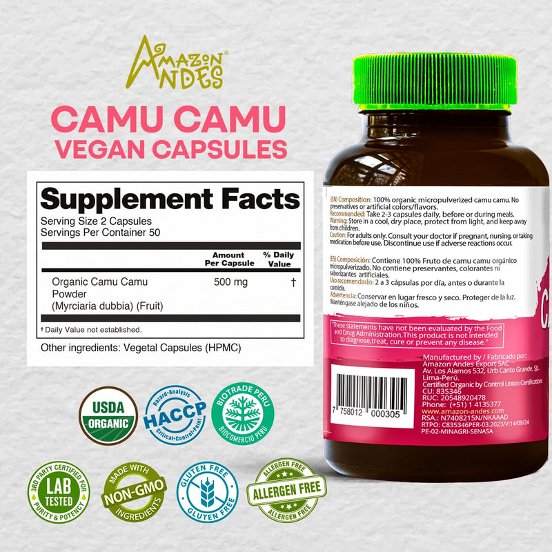 Amazon Andes Camu Camu Capsules 500mg - Pure Vitamin C Origin from Peru - Myrciaria Dubia Berry - 100 Vegetarian Caps - Wild Harvested Amazon Rainforest Superfruit Non-GMO Vegan