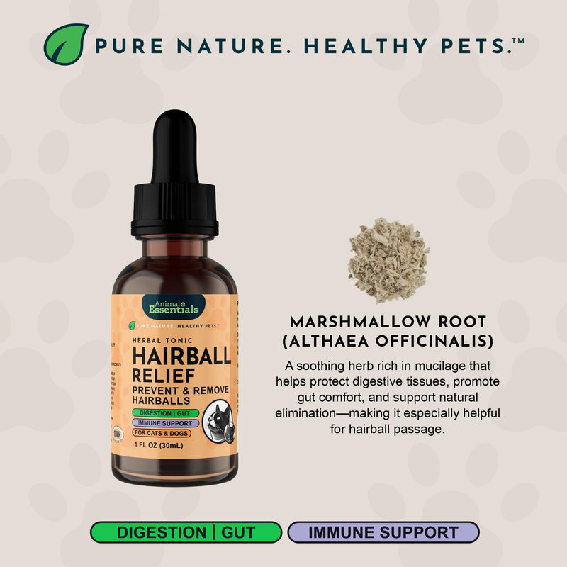 Animal Essentials Hairball Relief Formula - Hairball Treatment for Cats & Dogs, Natural Remedy with Marshmallow Root Extract, Hair Ball Relief for Cats & Kittens, Feline Support for Furball - 1 Fl Oz