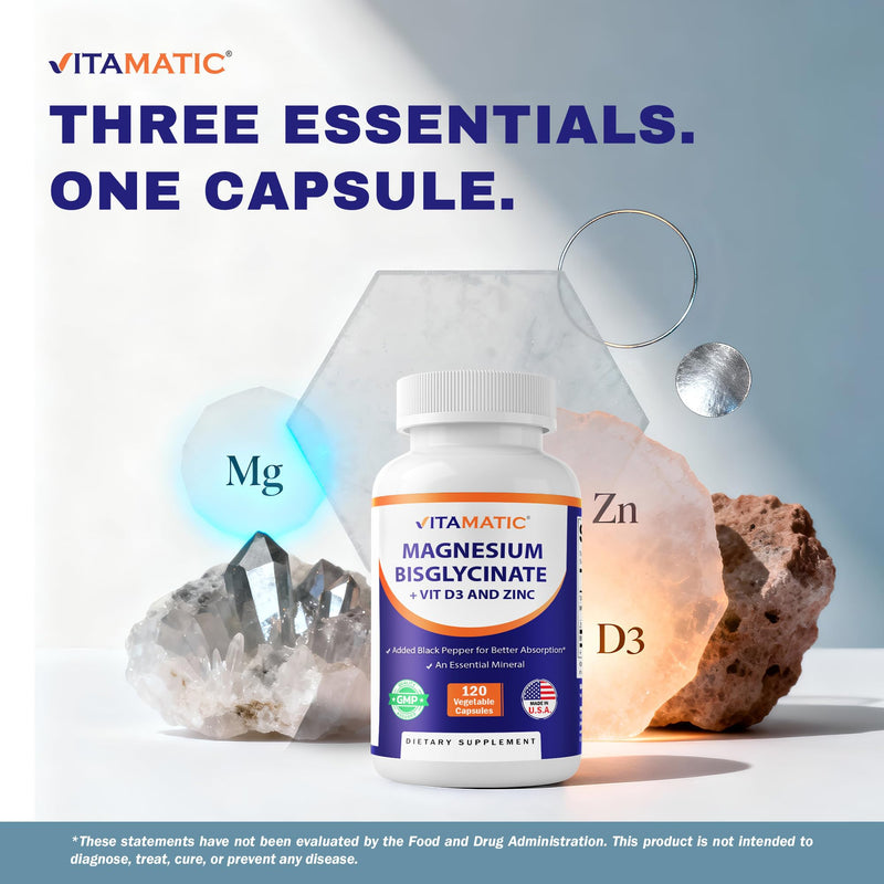 Vitamatic Magnesium (from Bisglycinate & Oxide) with Vitamin D3 & Zinc - 120 Veg Capsules - Supports Muscle, Joint, Nerve & Heart Health – Non-GMO, Gluten-Free - 2 Pack