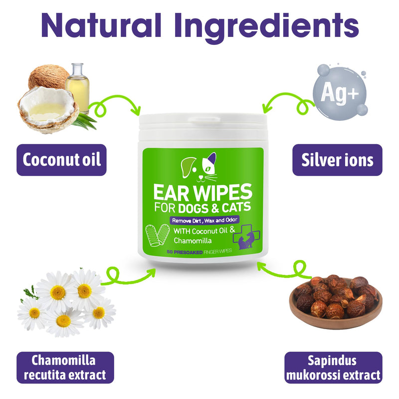 Pet Ear Wipes for Dogs & Cats - Gentle and Effective Ear Cleaning Solution - Remove Dirt, Wax and Odor - 50 Count Dog Ear Relief Finger Wipes