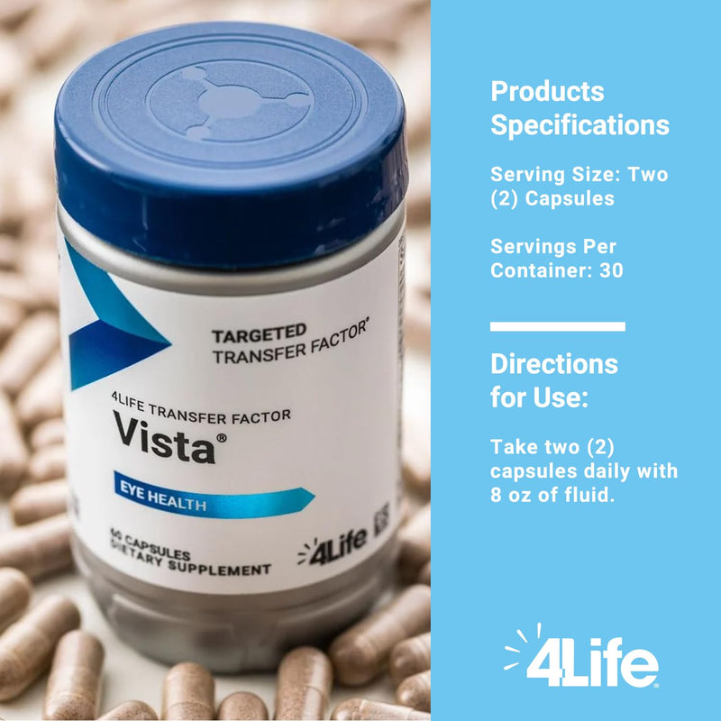 4Life Transfer Factor Vista Eye Health with Lutein Zeaxanthin, 60 Capsules | Bilberry, Astaxanthin, Visual clarity, Carotenoids, Daily Nutrition, Eye wellness, Immune balance, Vitamins A C E, Zinc