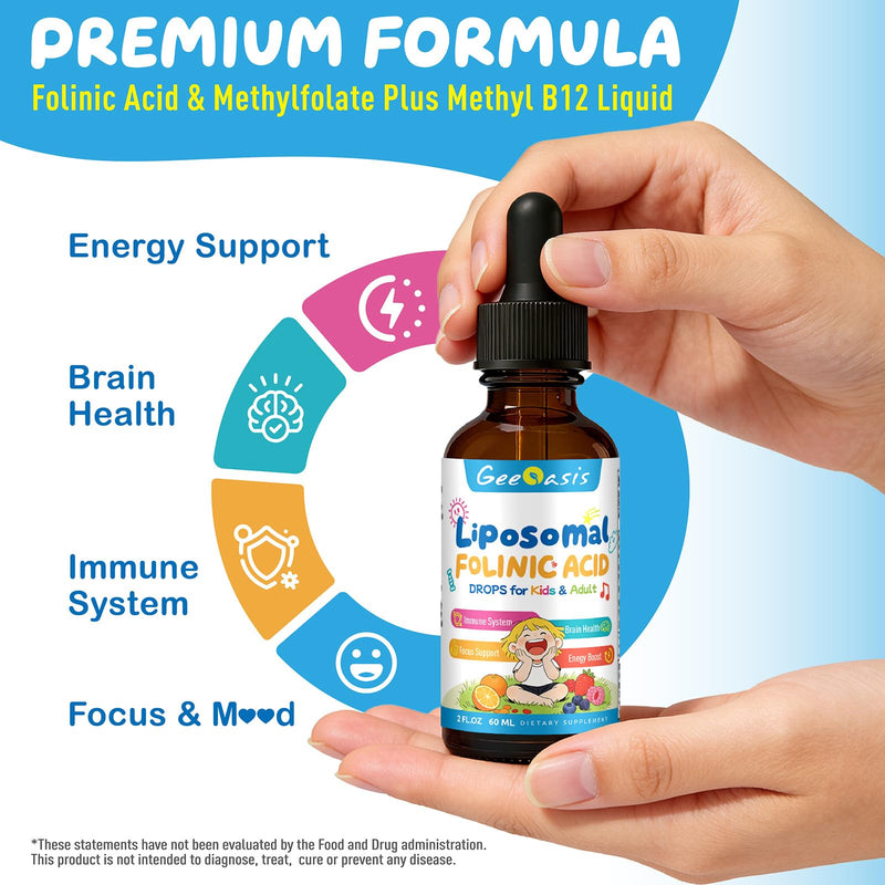 Liquid Folinic Acid & Methylfolate Drops for Kids, 2 Fl Oz | Folic Acid Supplement with Methylated B12 for Women, with Zinc Citrate, Vitamin B6 & C