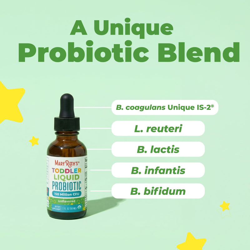 MaryRuth's Organic Toddler Probiotic Liquid Drops, Sugar Free, Ages 1-3 | 5 Probiotic Strains, 150 Million CFU Per Serving, USDA Organic, Sugar Free, Vegan