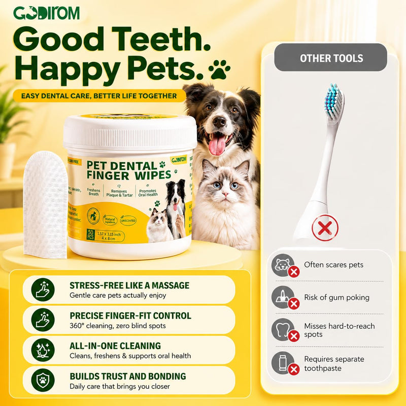 Pet Dental Finger Cots for Dogs & Cats — Extra-Thick Nonwoven, Alcohol-Free & Lick-Safe Natural Formula | Plaque & Tartar Remover (50 Count)