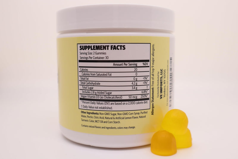 Certified Vegan Vitamin D3 Gummies – 1,000 IU per Gummy | Lemon Flavor | Plant-Based & Limited-Ingredient | Non-GMO, Gluten-Free, Soy-Free | Immune & Bone Health Support for Adults, Seniors & Kids