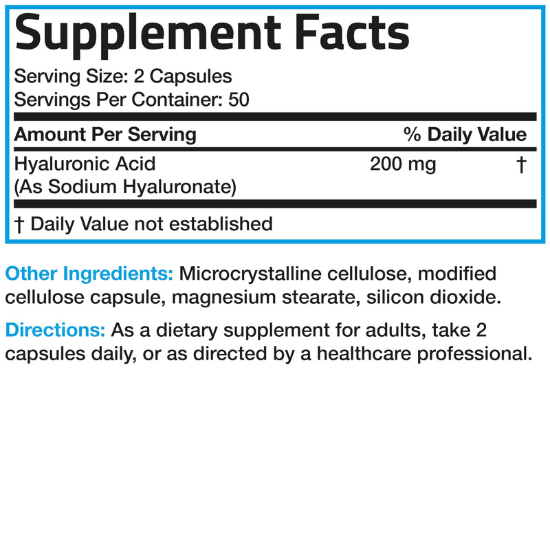 Bronson Hyaluronic Acid 200 mg as Sodium Hyaluronate, 100 Capsules | Joint Health & Skin Hydration Support, High Potency Formula, Vegetarian, Non-GMO, Gluten-Free & Soy-Free 100 Count (Pack of 1)