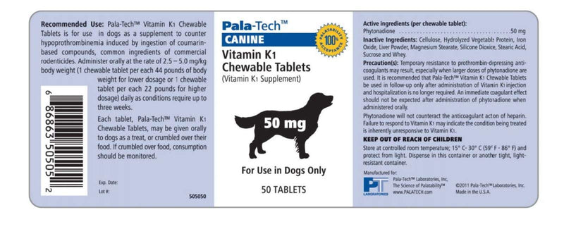 Pala-Tech Vitamin K1 Chewable Tablets For Dogs, 50 mg, 50 Tablets - PawsPlanet Australia