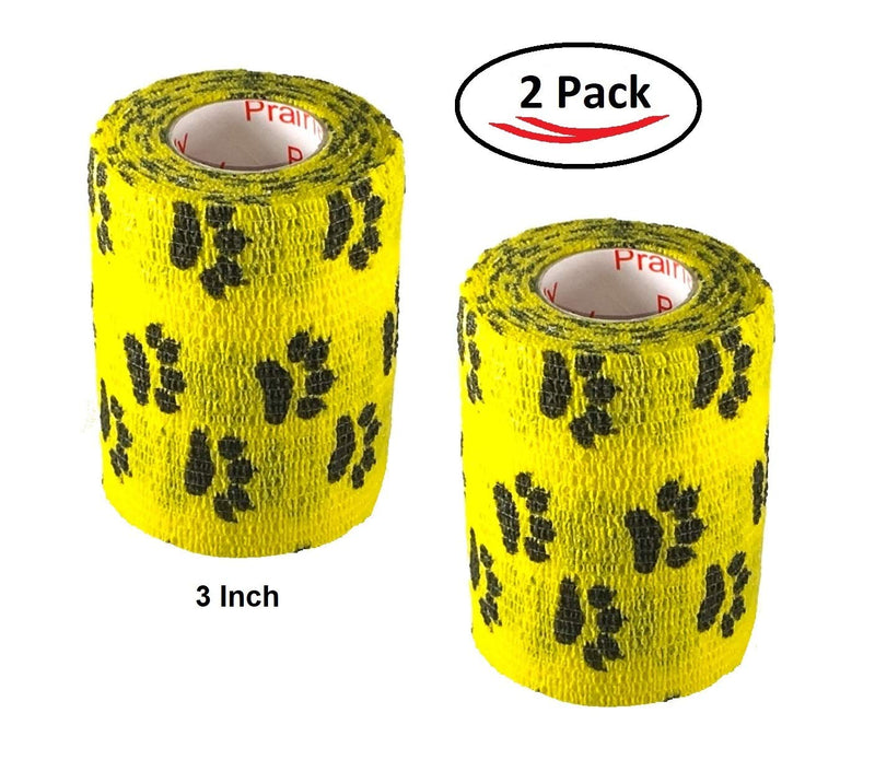 Vet Wrap Wrap Tape (Yellow with Paw Prints) (2 Pack) (2 Inch x 15 feet) Self Adhesive Adherent Adhering Cohesive Flex Self Stick Bandage Grip Roll Dog Cat Pet Horse 2 Inch 2 PACK Yellow With Black Paws - BeesActive Australia