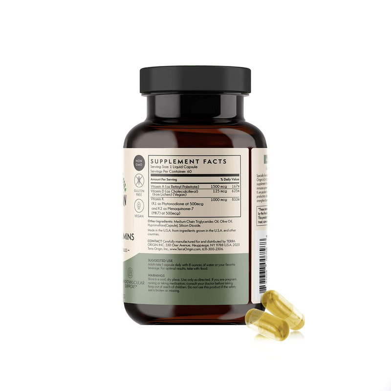 TERRA ORIGIN ADK Essential Vitamin Supplement | 60 Liquid Capsules | High Potency Vitamin A, D 5000 IU, K1 and K2 | Non GMO, Gluten Free, Vegan, Made in USA