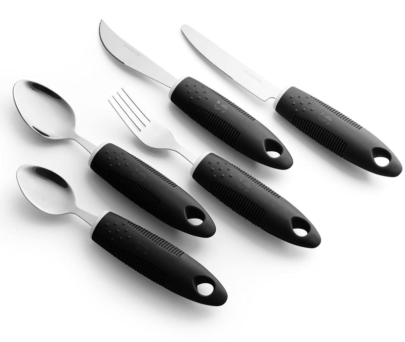 Special Supplies Adaptive Utensils (5-Piece Kitchen Set) Wide, Non-Weighted, Non-Slip Handles for Hand Tremors, Arthritis, Parkinson’s or Elderly Use (Black) Black - BeesActive Australia