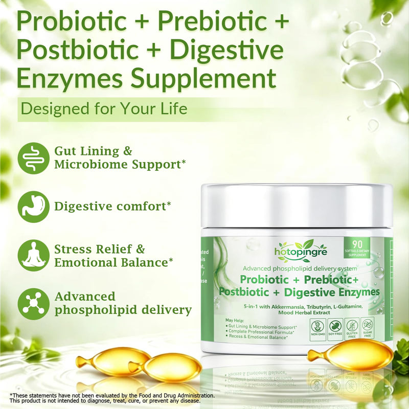5-in-1 Probiotic Prebiotic & Postbiotic for Women Men, Akkermansia Probiotic w/Digestive Enzymes, Tributyrin, Prebiotic Sunfiber, Mood Herbal, Daily Oral Probiotic Immune Gut Health Gas & Digestive