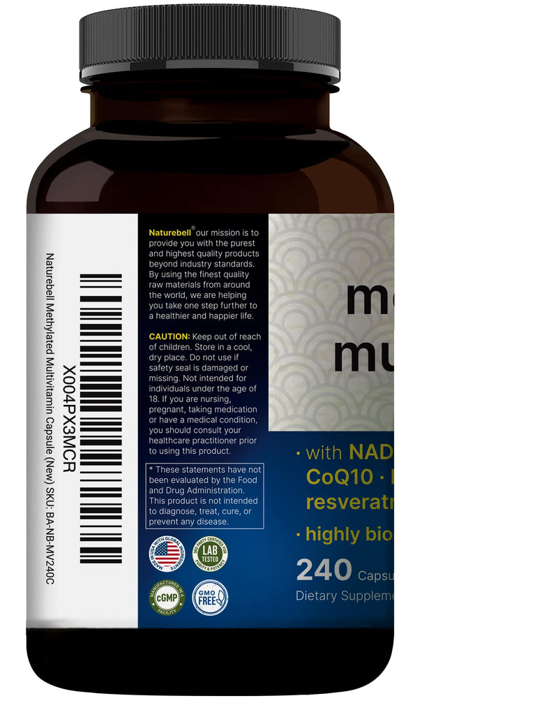 Methylated Multivitamin for Men and Women, 240 Capsules | 27-in-1 Formula with Vitamins B Complex, C, D3, K2, NAD, NAC, CoQ10, Resveratrol, Magnesium, Zinc & More | Daily Essential Vitamins