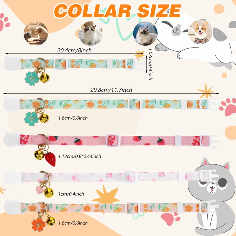 4Styles Cat Collar with Bell, Cute Cotton Cat Collars Quick Release Kitten Collar, Adjustable Breakaway Cat Necklace Collar, Heart Strawberry Flower Charms Cat Collars for Girl Cats Accessories - BeesActive Australia