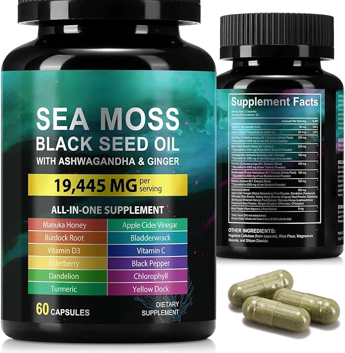 Sea Moss 7000mg Black Seed Oil 4000mg Ashwagandha 2000mg Turmeric 2000mg Bladderwrack 2000mg Burdock 2000mg & Ginger Vitamin C Vitamin D3 with Elderberry Manuka Dandelion Yellow Dock Chlorophyll ACV 60 Count (Pack of 1) - BeesActive Australia