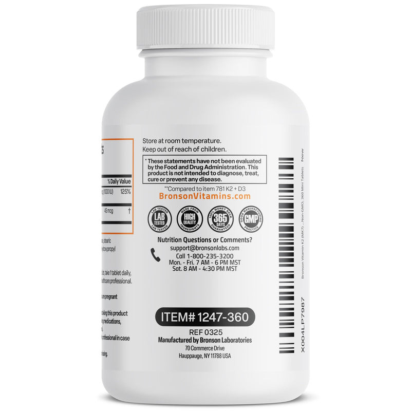 Bronson Vitamin K2 MK-7 45 mcg + D3 1000 IU (25 mcg), 360 Mini Tablets | Lower-Dose Daily Maintenance, Easy to Swallow, Bone Health Support, Non-GMO, Gluten-Free & Soy-Free 360 Count (Pack of 1)