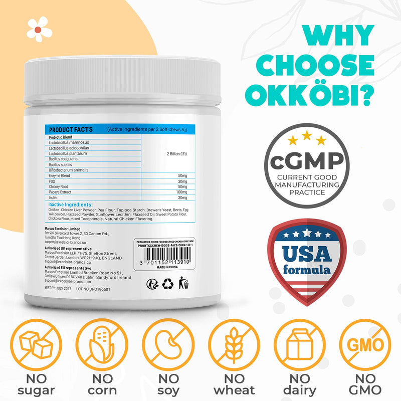 Probiotics for Dogs Chews 150 pcs - Probiotic Chews for Dogs with Enzymes & Natural Ingredients - Digestive & Gut Health Support - US Formula - Chicken Flavored
