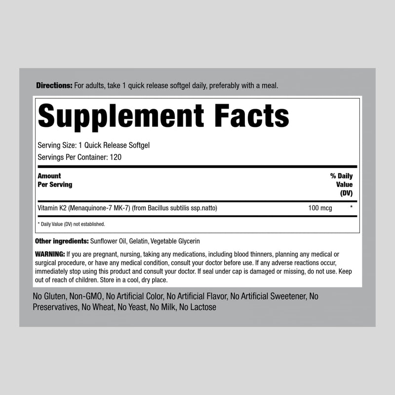 Piping Rock Vitamin K2 MK-7 | 100 mcg | 120 Softgels | Non-GMO, Gluten Free Supplement - BeesActive Australia