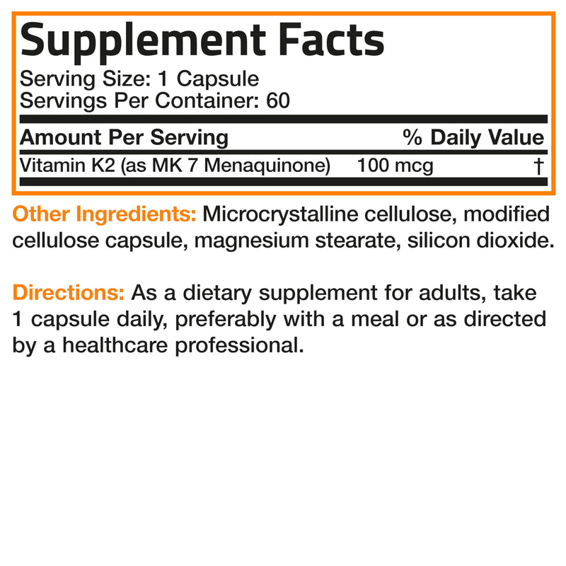 Bronson Vitamin K2 as MK-7 Menaquinone 100 mcg Non-GMO, 60 Capsules Unflavored 60 Count (Pack of 1)