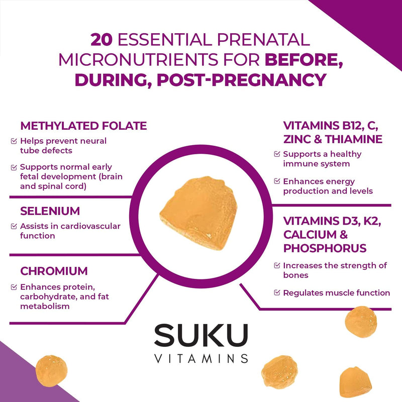 SUKU Prenatal Multivitamin Gummies – Folate, Calcium, Vitamin D3, B12, K2 – Sugar-Free, Vegetarian, Gluten-Free Pregnancy Support – Pineapple Peach Flavor – 60 Count