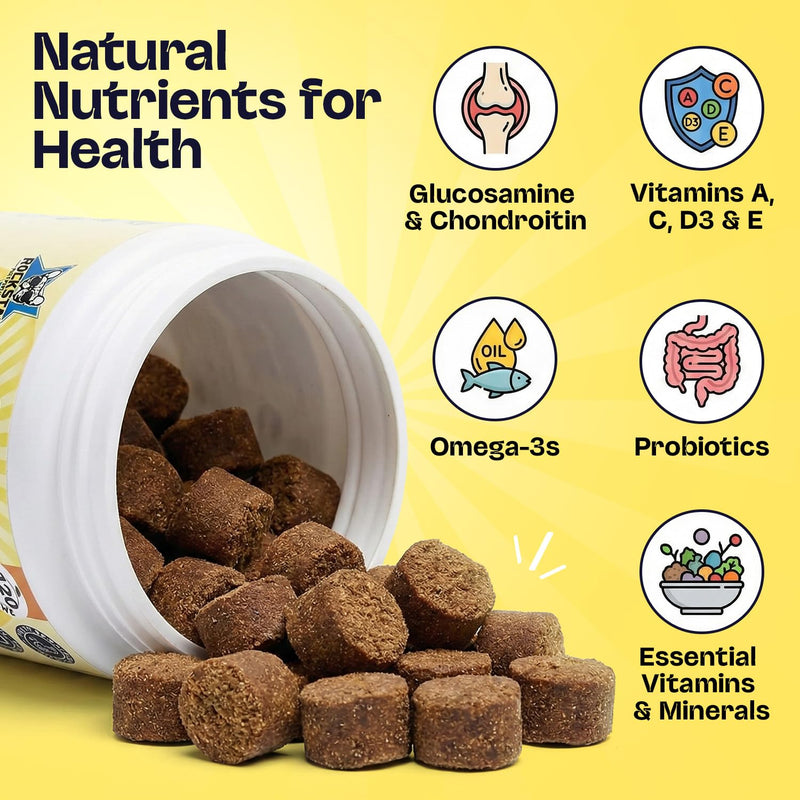 Multivitamin Soft Chews for Dogs | Beef Flavour | Daily Hip & Joint, Skin & Coat, Gut Health Support with Glucosamine, Probiotics, Vitamins & Omega-3 | All-in-One Supplement.