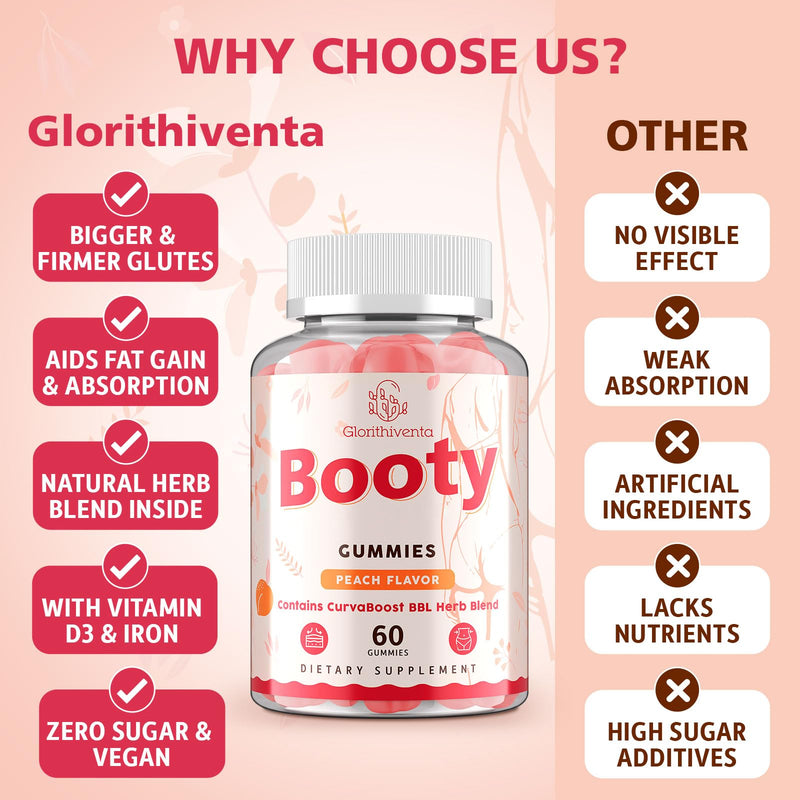 Booty Gummies for Women - BBL Gummies with Creatine Monohydrate, Milk Thistle, Vitamins D3 & Herbal Blend - Zero Sugar, Vegan, Peach Flavor, 60 Counts