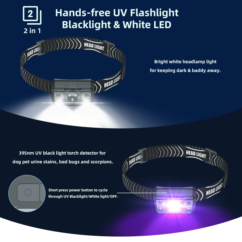 SEVENKA 2 UV Headlamp Flashlight Black Light, Rechargeable LED Hand Free Mini UV Blacklight 395nm Head Light with White & Ultraviolet Light, Detector for Pet Dog/Cat Urine Stains,Bed Bug,Scorpions - BeesActive Australia