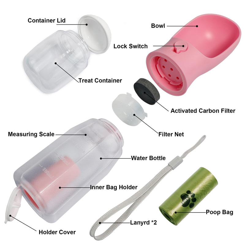 Dog Water Bottle with Filter, Portable Travel Dog Water Dispenser with Food Container & Dog Poop Bags Rolls, Leak Proof, Machine-Wash, Food Grade Plastic - Cycling & Long Flight (Pink, 20 oz) Pink - BeesActive Australia