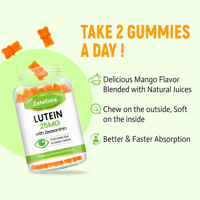 Lutein Gummies 25mg - Eye Vitamins Lutein & Zeaxanthin Eye Health Supplements for Adults,Sugar Free Eye Health Gummies Supplement - Support Vision,Macular,Blue Light Filtering (60 Count) 60 Count (Pack of 1)