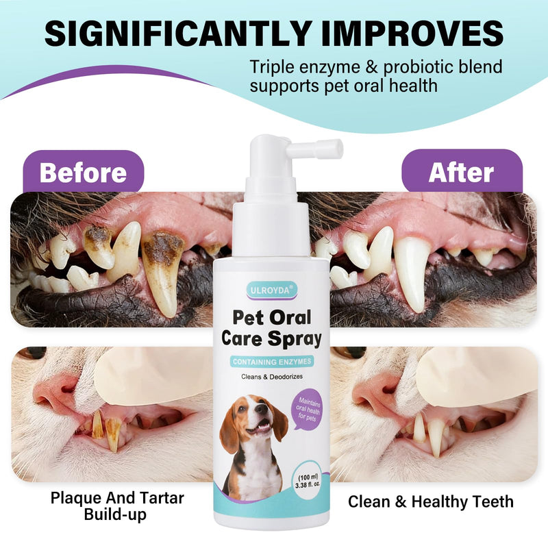 Pet Dental Spray for Dogs & Cats - Fragrance-Free Triple Enzyme & Probiotics Oral Care Mist, Dog Teeth Cleaning, Bad Breath & Tartar Plaque Support, Dental Water Additive for Pet Supplies, 3.38 oz
