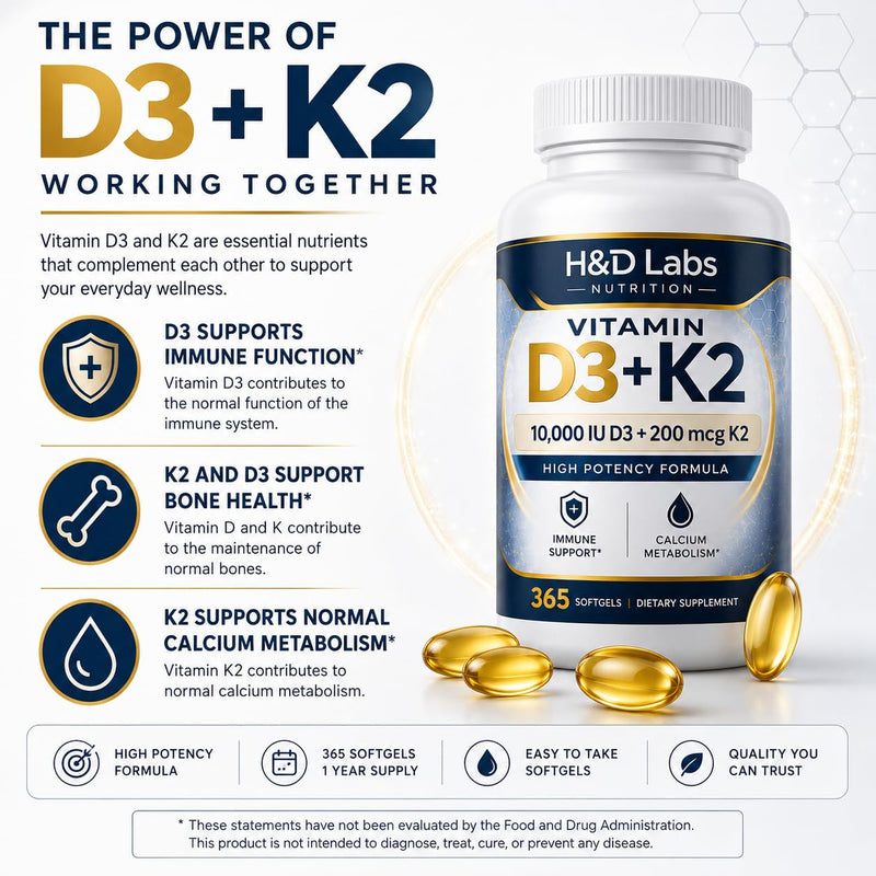 H&D Labs Nutrition Vitamin D3 K2 10000 IU (125mcg) with MK-7 – High Potency Bone & Immune Support – 365 Capsules – Non-GMO Dietary Supplement