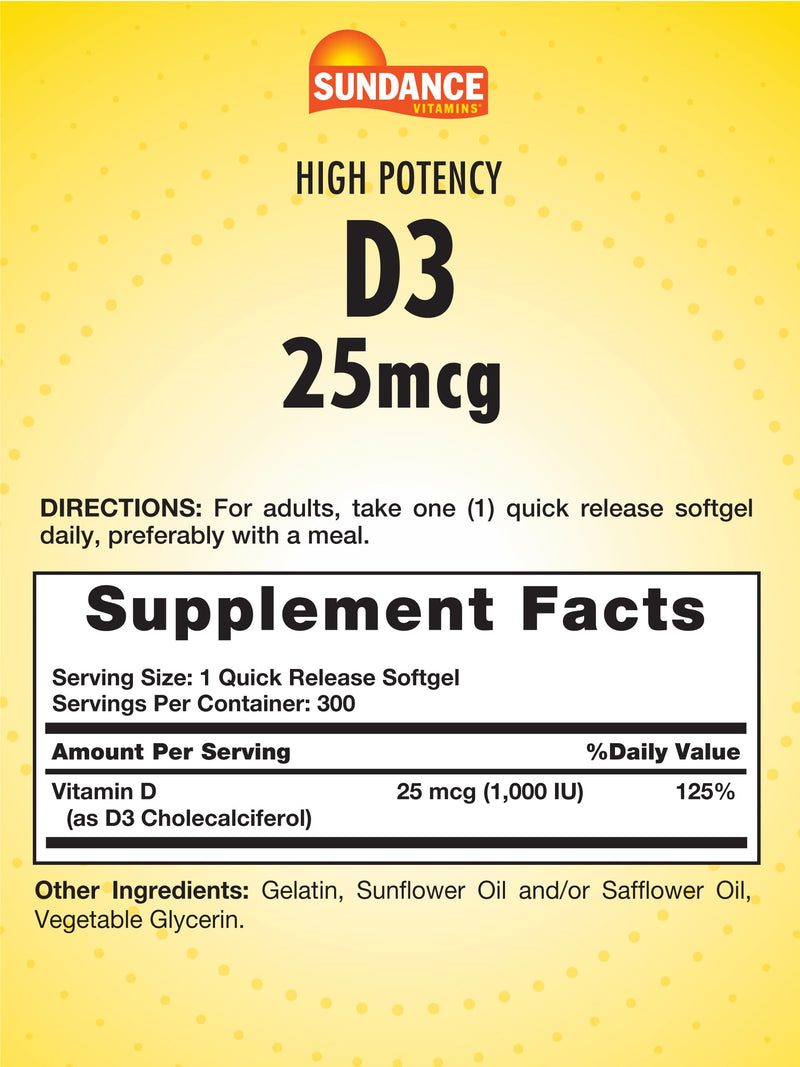 Sundance Vitamin D3 1000 IU | 300 Softgels | High Potency | Essential Vitamin Formula | Non-GMO and Gluten Free Supplement Unflavored 300 Count (Pack of 1)