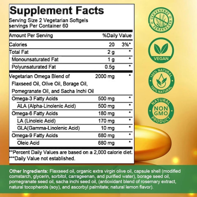 High-Potency Omega 3-6-9, 100% Vegan Sourced Natural Supplement for Heart, Brain and Mobility Health, 2 Month Supply, 120 Softgels