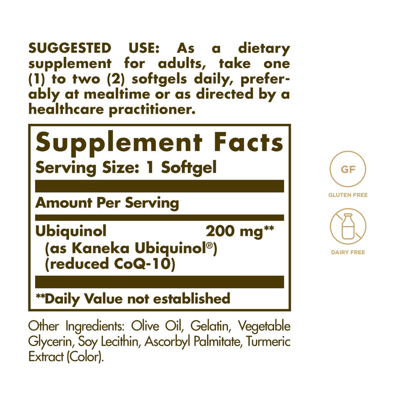 Solgar Ubiquinol 200 mg (Reduced CoQ-10), 30 Softgels - Promotes Heart & Brain Function - Supports Healthy Aging - Coenzyme Q10 - Ubiquinone Supplement - Gluten Free, Dairy Free - 30 Servings Unflavored 30 Count (Pack of 1)