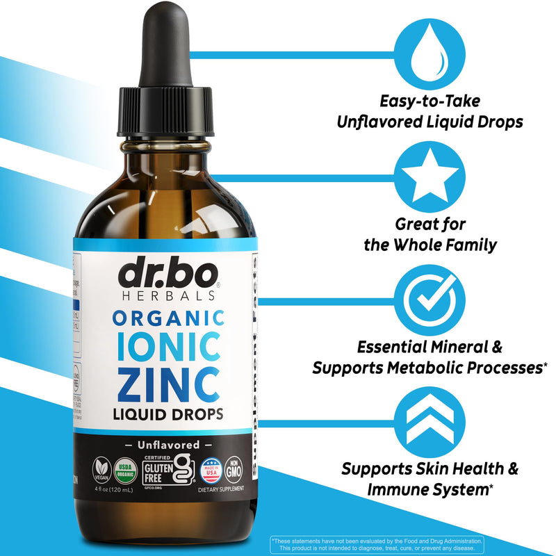 Zinc Supplements Liquid Drops Organic - Pure Organic Ionic Liquid Zinc Supplement Drops for Kids, Adults, Women & Men - Vegan, Skin Immune Support Supplements for Toddler Kids, Adults, Women, Men 4 Oz