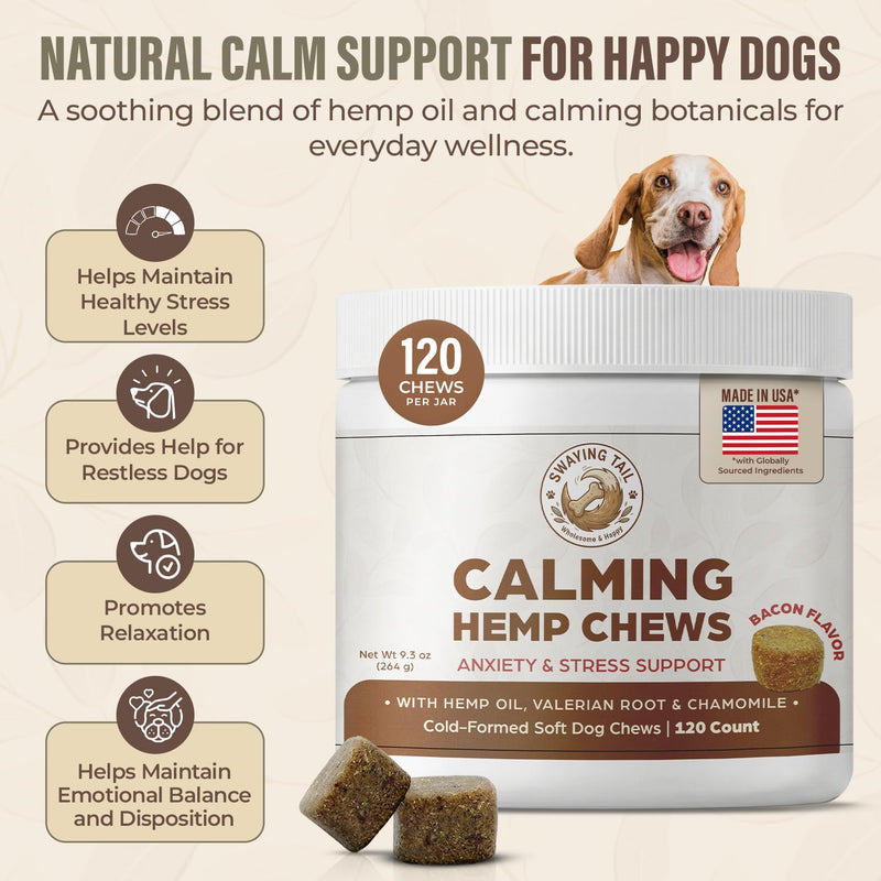 Dog Calming Chews - Bacon Flavor Canine Anxiety Relief & Stress Support - 120 Count Hemp Treats for Pets - Melatonin Free Sleep Aid for Separation Anxiety, Fireworks & Travel