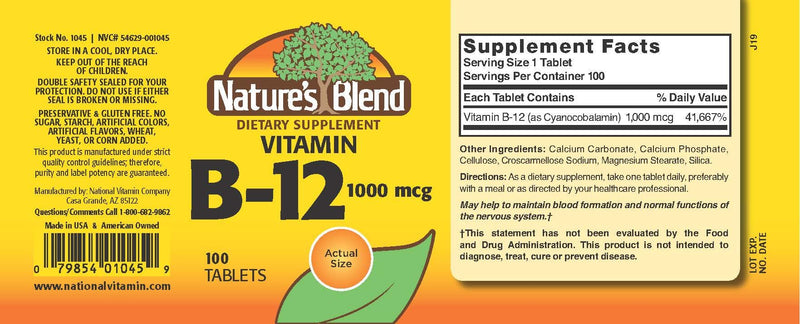 Nature's Blend Vitamin B-12 1000 MCG, 100 Tablets - Boosts Energy, Supports Nerve Health, Enhances Metabolism, and Promotes Red Blood Cell Formation