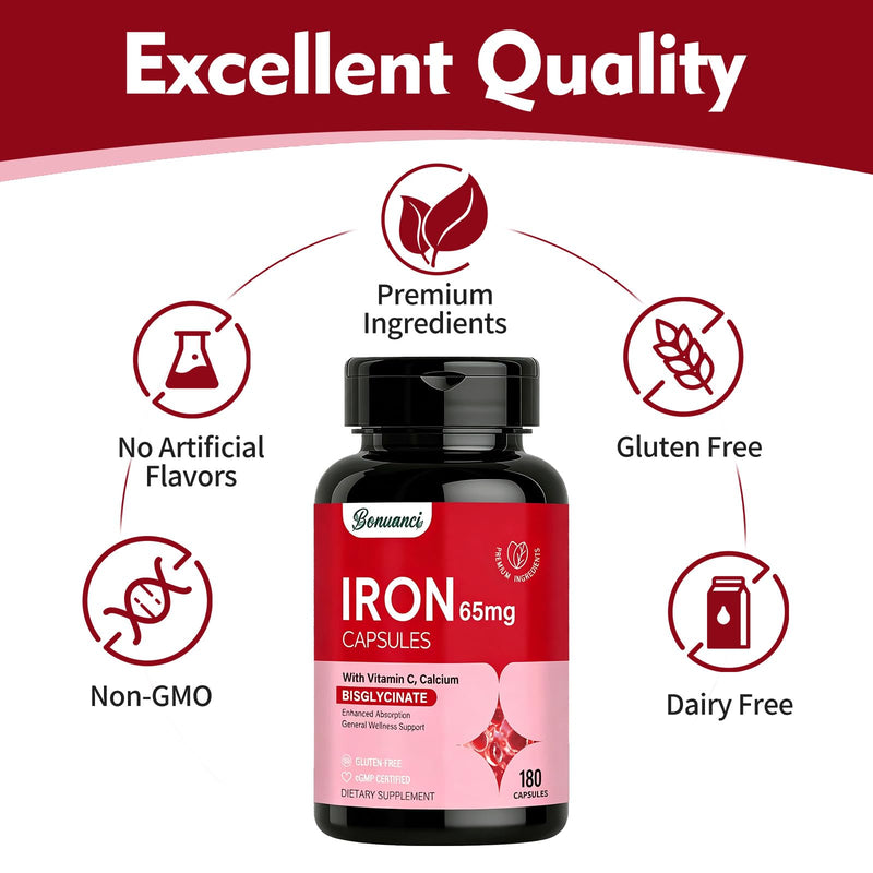 Iron Supplement - Iron 65mg High Absorption Iron Bisglycinate with Vitamin C, Calcium, Gentle Iron Pills for Women Men - Non GMO & Gluten Free, Stomach Friendly, 180 Capsules 180 Count (Pack of 1)