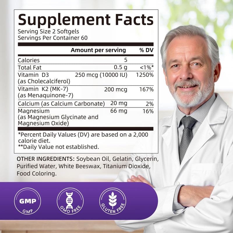 Magnesium Softgels with 10000IU Vitamin D3 + 200mcg K2 MK-7, 2Pack | Easy to Swallow high absorption Magnesium Small Pills, Support Daily Calcium, Sleep, Immune Health for Women/men 120 Count (Pack of 2)