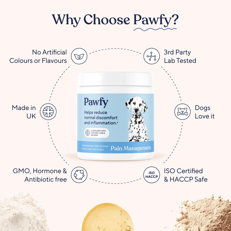Pawfy Pain Management for Mobility & Joint Comfort Chews for Dogs | Salmon Oil, Omega 3, Cat's Claw | Hip & Joint Support for Senior & Large Breed Dogs | All Ages & Sizes | 60 Soft Chews