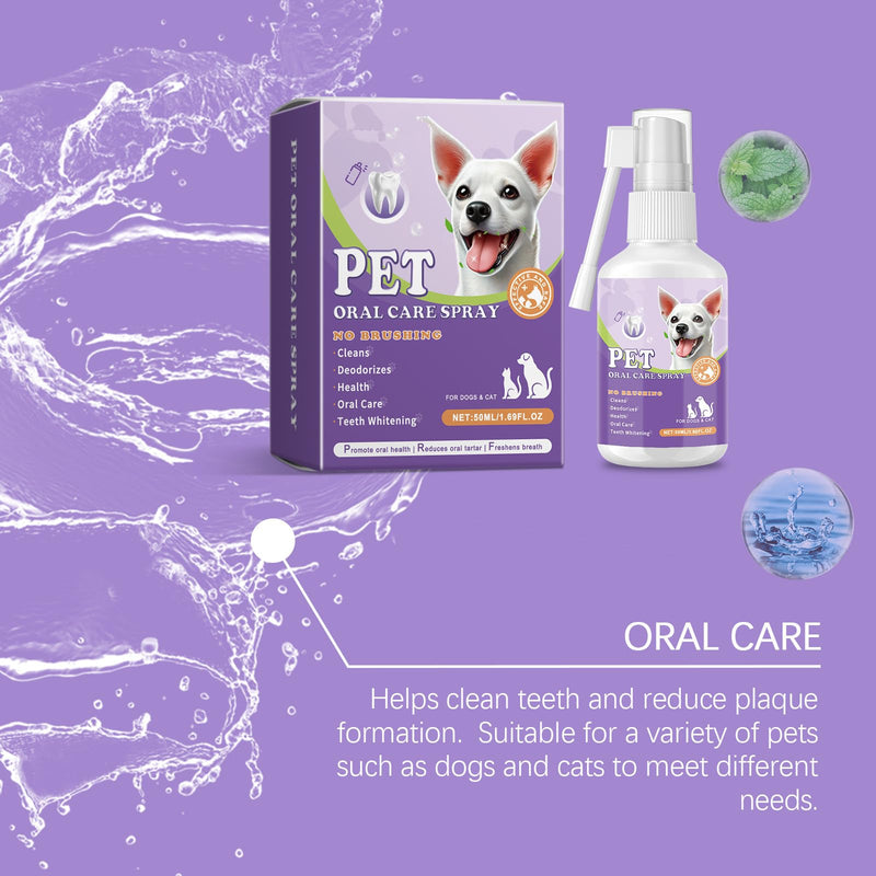Dog Cat Dental Spray No Brushing No Residue, 50ml/1.69FL.OZ 360° Long Nozzle, Helps Freshen Breath Reduce Plaque, Alcohol-Free for Puppies Kittens All Pets