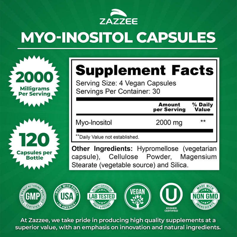 Zazzee Myo-Inositol Capsules, 2000 mg per Serving, 120 Vegan Capsules | Ideal Dosage for 40:1 Ratio, Certified Kosher, Hormone Balance & Healthy Ovarian Function Support, Non-GMO, Made in the USA 120 Count (Pack of 1)