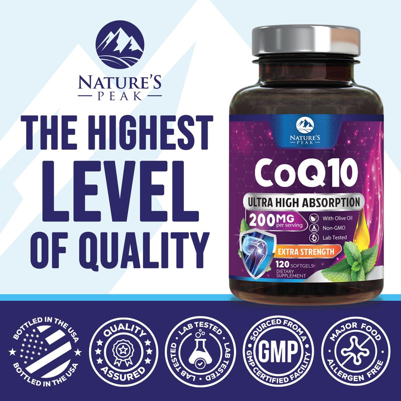 CoQ10 Softgels - 3x Better Absorption Coenzyme Q10 200mg Per Serving - Co Q 10 Softgel Supplement With Black Pepper, Energy & Heart Support Antioxidant for Women & Men, Bottled USA - 120 Softgels 120 Count (Pack of 1)