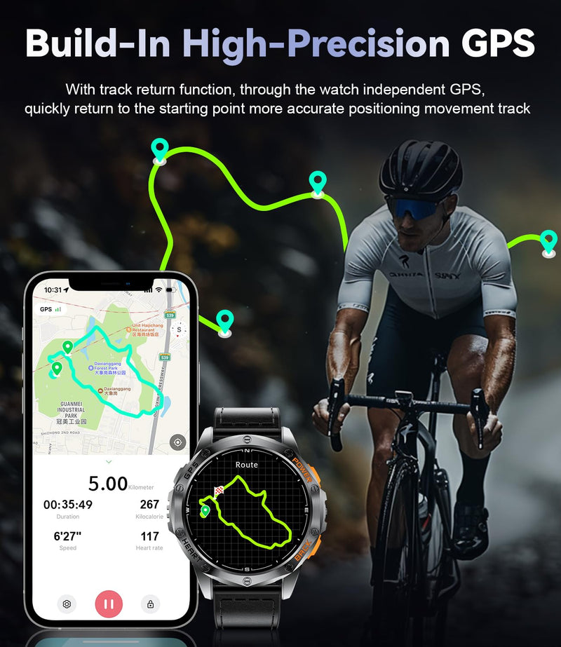LIGE GPS Smart Watches for Men, Bluetooth Call, LED Flashlight, Compass, 1.43" AMOLED Fitness Watch with Heart Rate/Sleep Monitor, 100+ Sports Modes, iOS Android Compatible, Military Outdoor, Black DM1-E