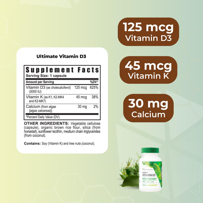 Youngevity High-Potency Vitamin D3 5000 IU with K2, Calcium, 60 Capsules | Vitamin D3 5000 IU, vitamin K2 and calcium, immune support, calcium absorption, bone density, joint support, 60 capsules