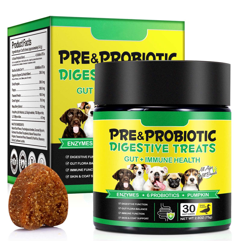 Probiotics for Dogs - Chewable Pre Probiotic Digestive Chews for Dog, Support Gut Health & Itchy Skin Relief, Pet Supplement Soft Chews for Dogs - 30 Chews 30pc