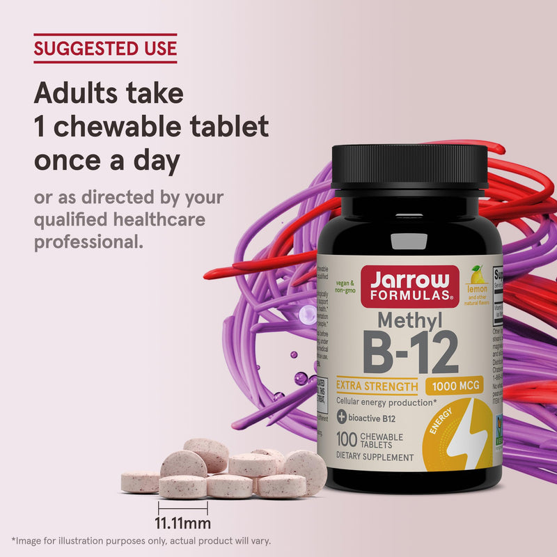 Jarrow Formulas Methyl Vitamin B-12 1000 mcg, 100 Chewable Tablets, Lemon Flavored- Bioactive B12 Vitamin - Supports Cellular Energy Production, Brain Health & Metabolism - 100 Servings | Lemon Flavored, Bioactive B12 Vitamin, Supports Cellular Energy ...