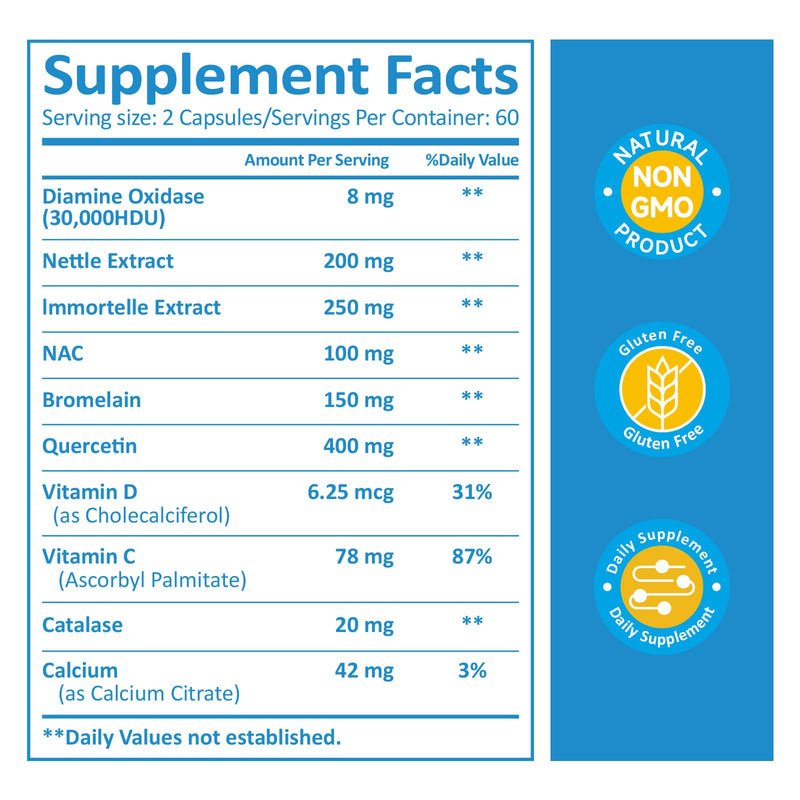 DAO Enzyme Supplements Histamine Blocker – Natural DAO Supplement with Diamine Oxidase & Quercetin, Immortelle, Vitamin C for Gut Health 180 Capsules